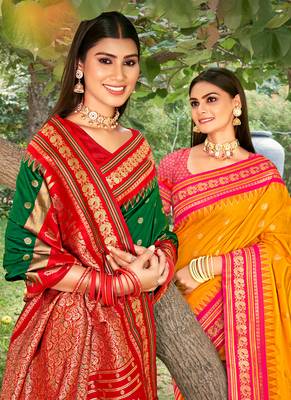 green banarasi silk blend saree with golden zari woven border 2