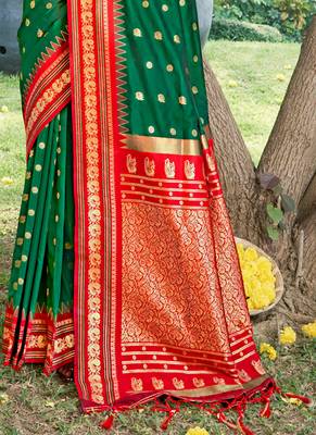 green banarasi silk blend saree with golden zari woven border 3
