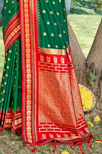 green banarasi silk blend saree with golden zari woven border