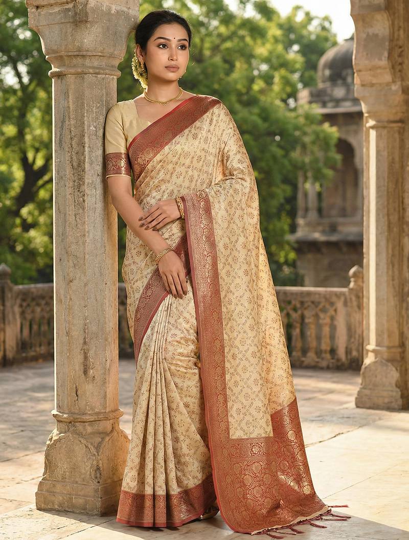 Ivory and maroon banarasi silk saree with golden zari – regal elegance for timeless celebrations