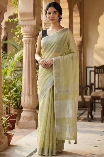 Elegant mhendi woven linen saree with contrast zari border & tassels     soft & breathable party wear