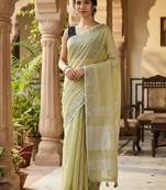 Elegant mhendi woven linen saree with contrast zari border & tassels     soft & breathable party wear