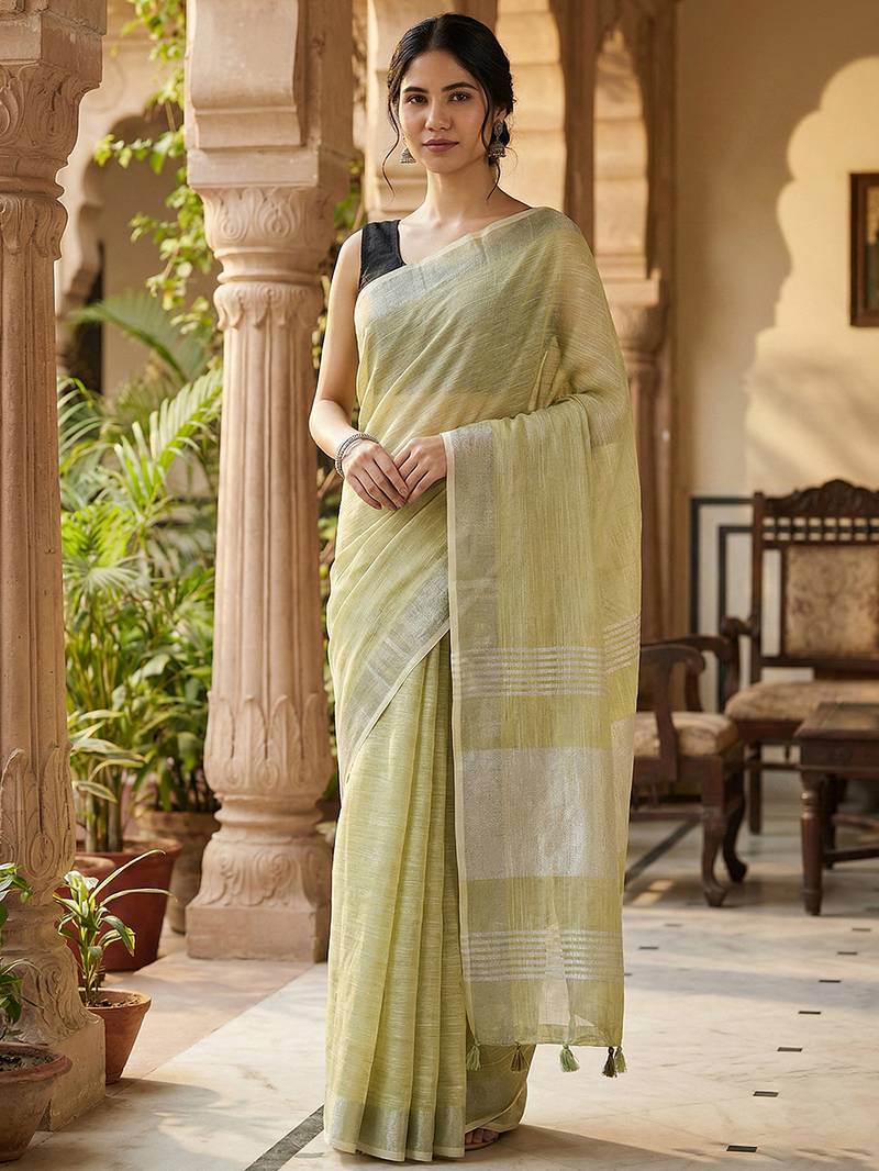 Elegant mhendi woven linen saree with contrast zari border & tassels     soft & breathable party wear