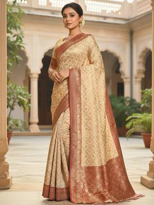 Ivory and maroon banarasi silk blend saree with golden zari   2
