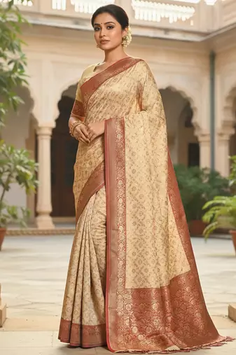 Ivory and maroon banarasi silk blend saree with golden zari  