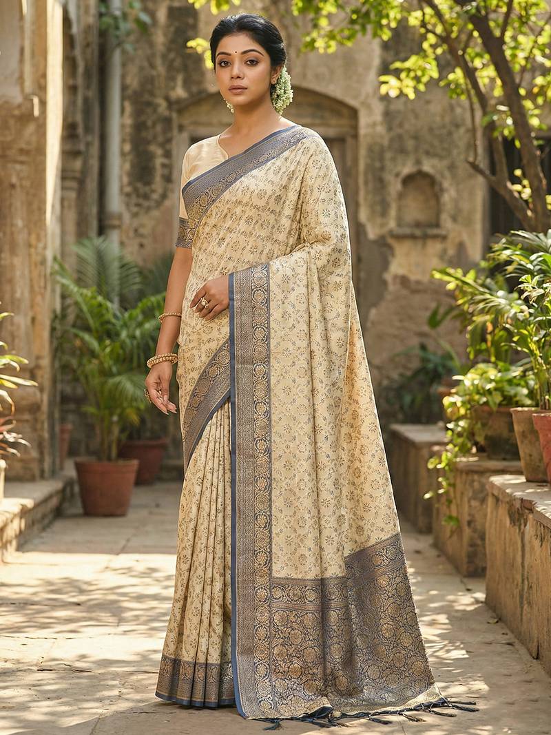 Ivory and navy blue banarasi silk saree with golden zari – regal elegance for timeless celebrations