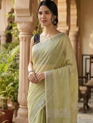 Elegant mhendi woven linen saree with contrast zari border & tassels  soft & breathable party wear 2