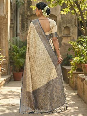 Ivory and navy blue banarasi silk blend saree with golden zari   2