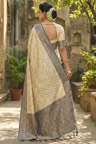 Ivory and navy blue banarasi silk blend saree with golden zari  