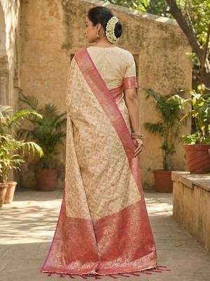 Ivory and pink banarasi silk blend saree with golden zari   2