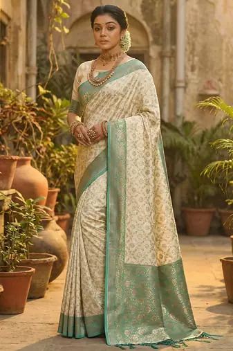 Ivory and sea green banarasi silk saree with golden zari     regal elegance for timeless celebrations