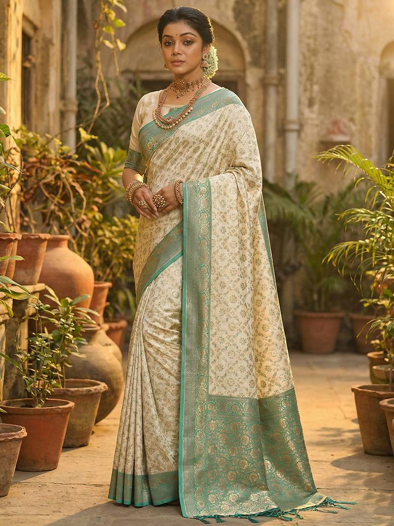 Ivory and sea green banarasi silk saree with golden zari – regal elegance for timeless celebrations