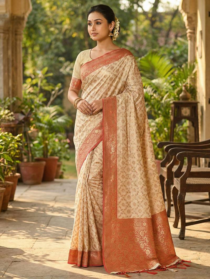 Ivory and red banarasi silk saree with golden zari – regal elegance for timeless celebrations