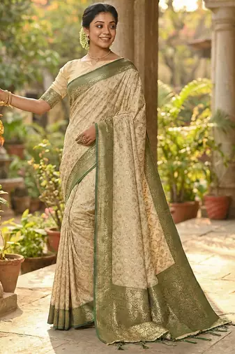 Ivory and green banarasi silk saree with golden zari     regal elegance for timeless celebrations
