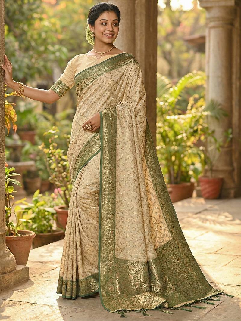 Ivory and green banarasi silk saree with golden zari – regal elegance for timeless celebrations