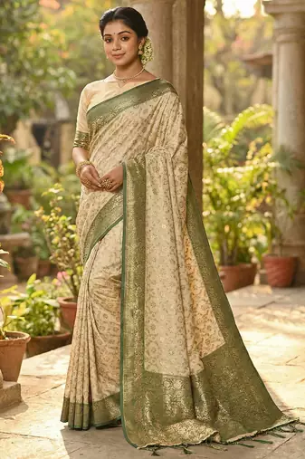 Ivory and green banarasi silk blend saree with golden zari  