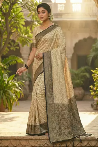 Ivory and black banarasi silk saree with golden zari     regal elegance for timeless celebrations