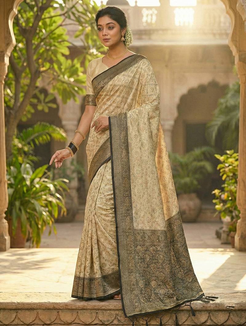 Ivory and black banarasi silk saree with golden zari – regal elegance for timeless celebrations