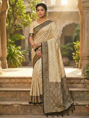 Ivory and black banarasi silk blend saree with golden zari   2