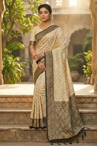 Ivory and black banarasi silk blend saree with golden zari  