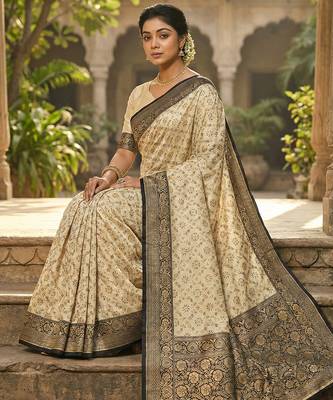 Ivory and black banarasi silk blend saree with golden zari   3