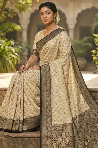 Ivory and black banarasi silk blend saree with golden zari  