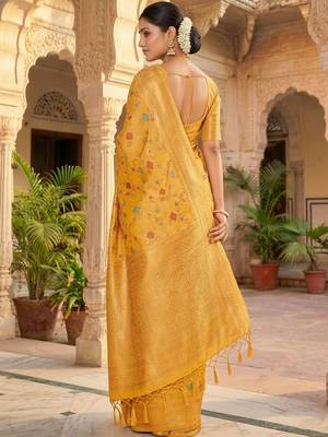 yellow banarasi silk blend saree with golden zari woven border 2