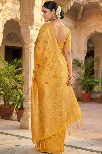 yellow banarasi silk blend saree with golden zari woven border