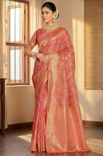 Graceful peach banarasi silk saree with golden zari woven border & floral jaal     wedding & festive wear