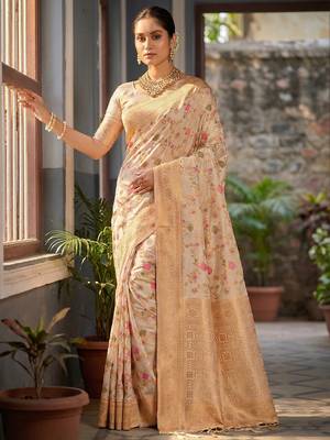 white banarasi silk blend saree with golden zari woven border 1