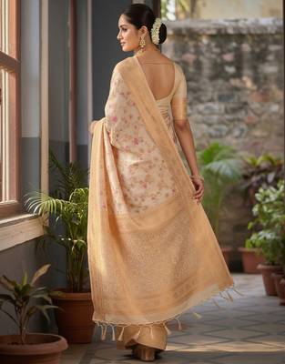 white banarasi silk blend saree with golden zari woven border 2