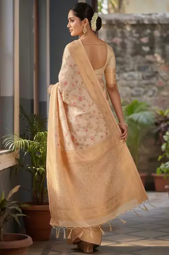 white banarasi silk blend saree with golden zari woven border