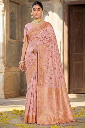 Graceful pink banarasi silk saree with golden zari woven border & floral jaal     wedding & festive wear