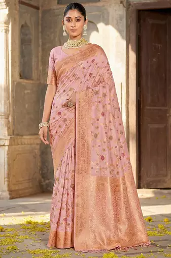 Graceful pink banarasi silk saree with golden zari woven border & floral jaal – wedding & festive wear