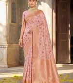 Graceful pink banarasi silk saree with golden zari woven border & floral jaal     wedding & festive wear