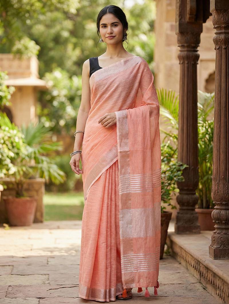 Elegant peach woven linen saree with contrast zari border & tassels     soft & breathable party wear
