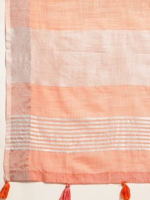 Elegant peach woven linen saree with contrast zari border & tassels  soft & breathable party wear 3