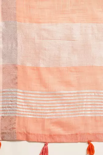Elegant peach woven linen saree with contrast zari border & tassels  soft & breathable party wear