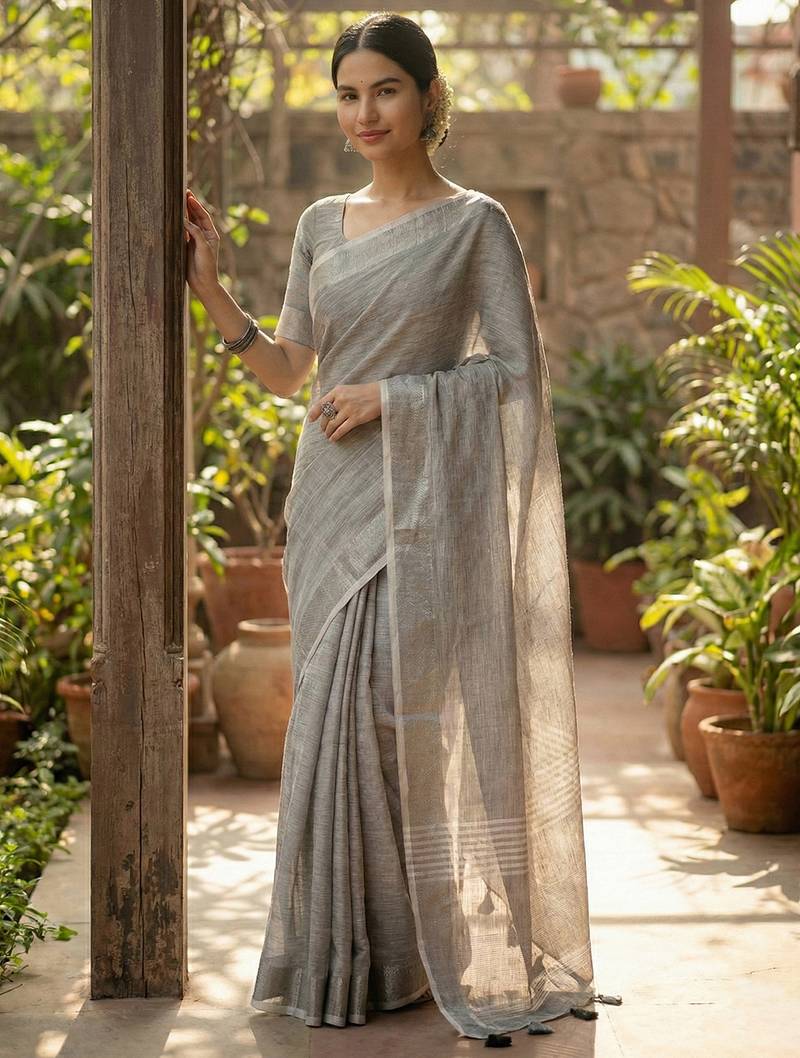 Elegant grey woven linen saree with contrast zari border & tassels     soft & breathable party wear