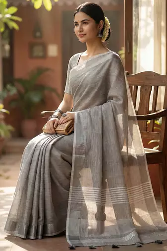 Elegant grey woven linen saree with contrast zari border & tassels  soft & breathable party wear