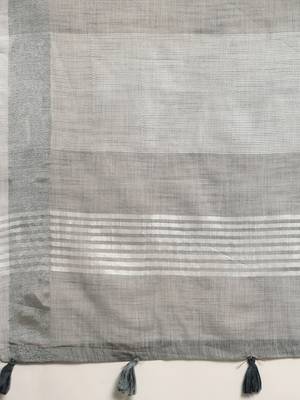 Elegant grey woven linen saree with contrast zari border & tassels  soft & breathable party wear 3
