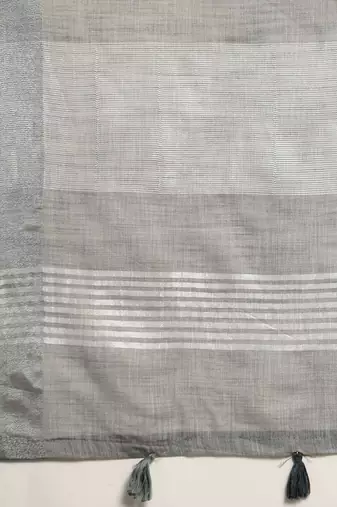 Elegant grey woven linen saree with contrast zari border & tassels  soft & breathable party wear