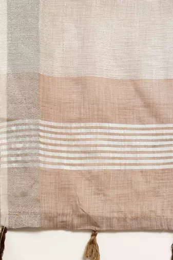 Elegant brown woven linen saree with contrast zari border & tassels  soft & breathable party wear