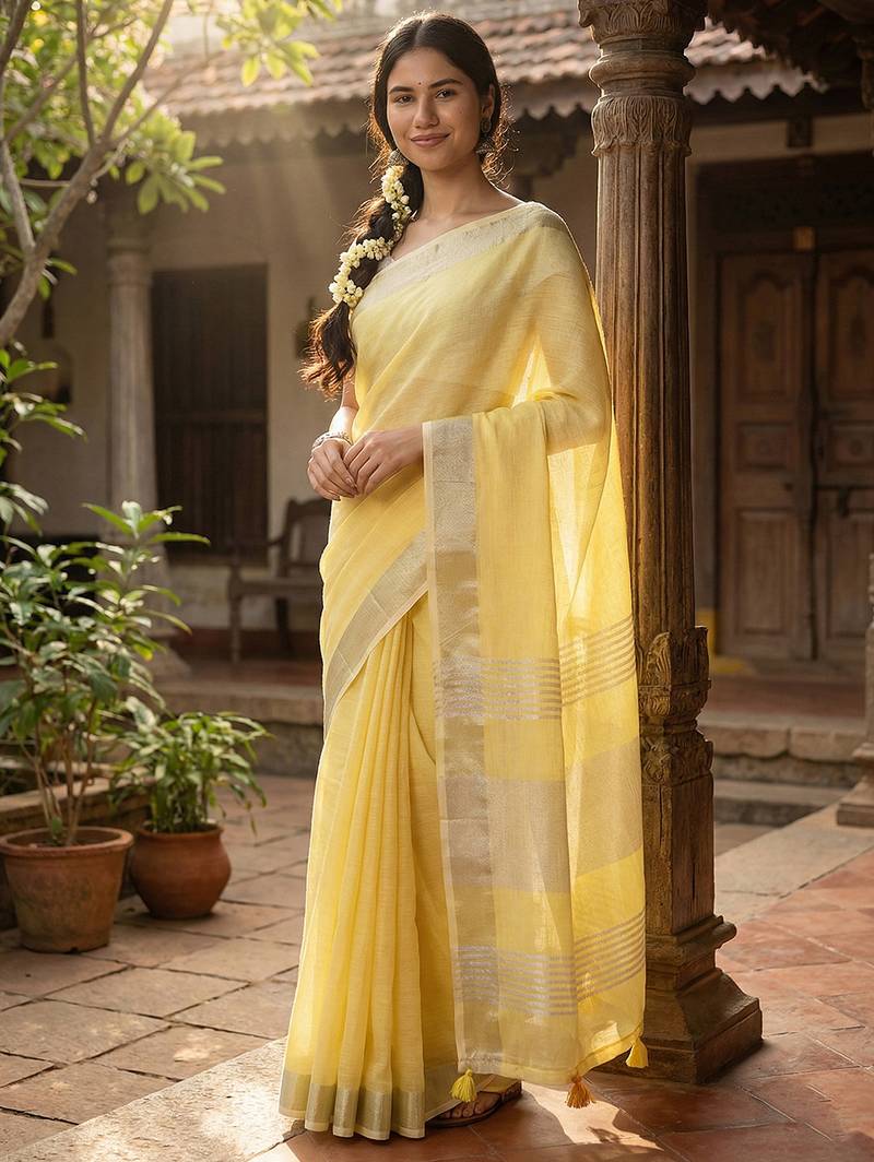 Elegant yellow woven linen saree with contrast zari border & tassels     soft & breathable party wear
