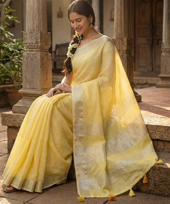 Elegant yellow woven linen saree with contrast zari border & tassels  soft & breathable party wear 2