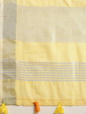 Elegant yellow woven linen saree with contrast zari border & tassels  soft & breathable party wear 3