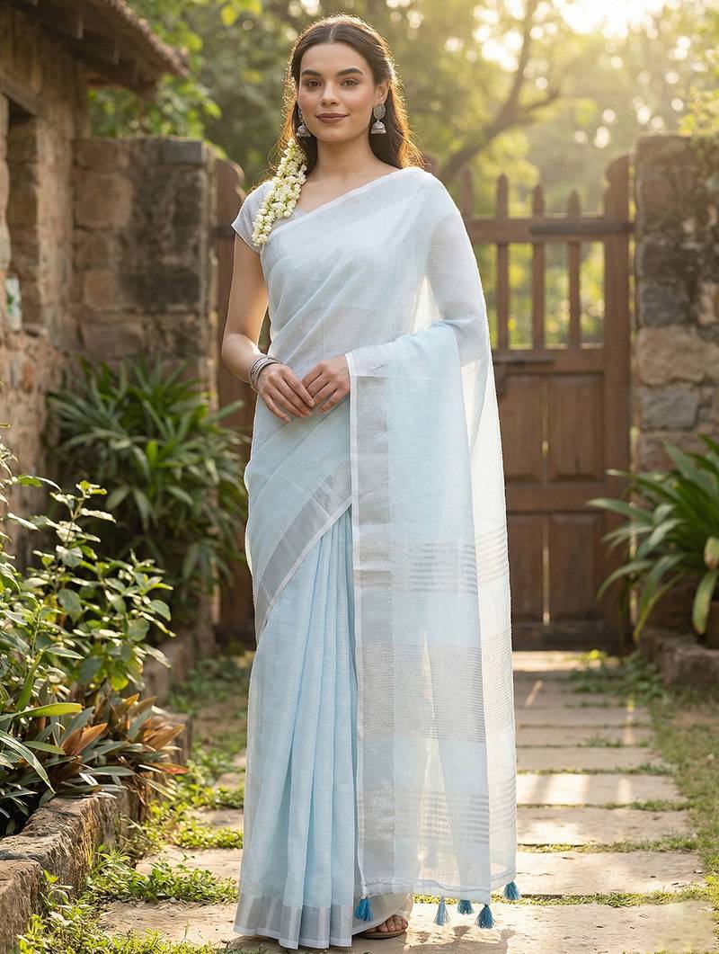 Elegant sky blue woven linen saree with contrast zari border & tassels     soft & breathable party wear