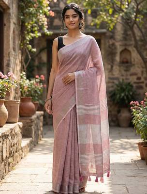 Elegant mauve woven linen saree with contrast zari border & tassels  soft & breathable party wear 1