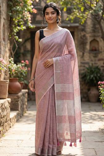 Elegant mauve woven linen saree with contrast zari border & tassels     soft & breathable party wear