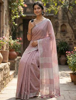 Elegant mauve woven linen saree with contrast zari border & tassels  soft & breathable party wear 2